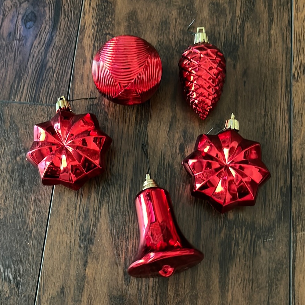 5 Red Christmas Ornaments Multi-Shaped With Gold Tops & Hooks